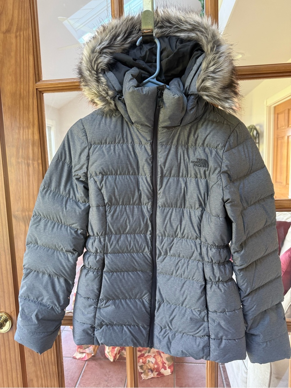 The North Face Women's Dark Gray Quilted Puffer with Faux Fur Hood